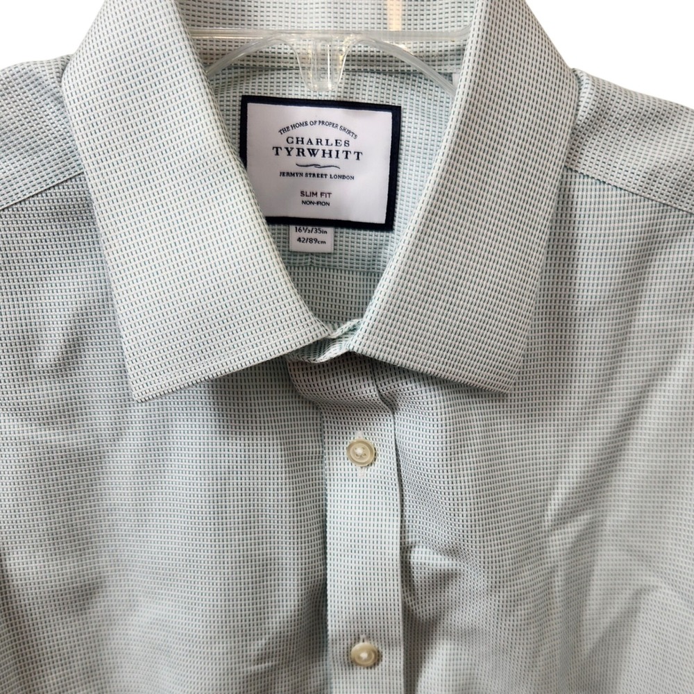 Charles Tyrwhitt Slim Fit Green Gingham Non Iron Mens Dress Shirt Size 16 1/2 35